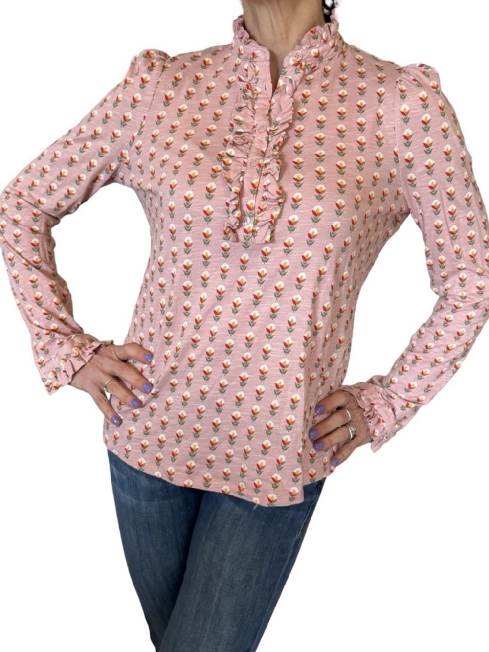 Boden Light Pink Floral Ruffle-Front Long Sleeve Blouse Size 16/18